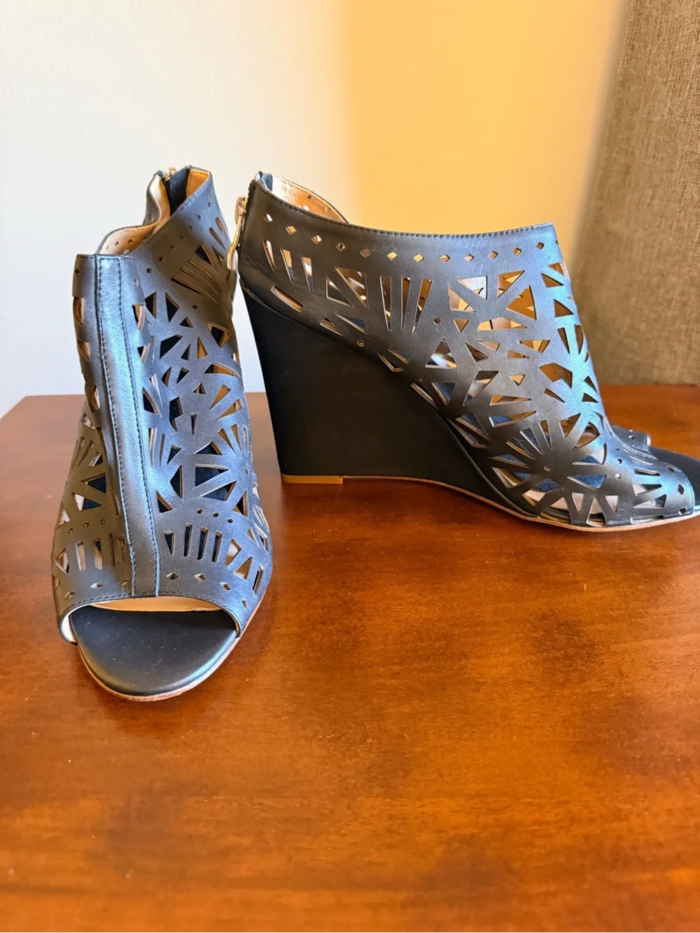 Nicole Miller Black Laser-Cut Peep-Toe Mules